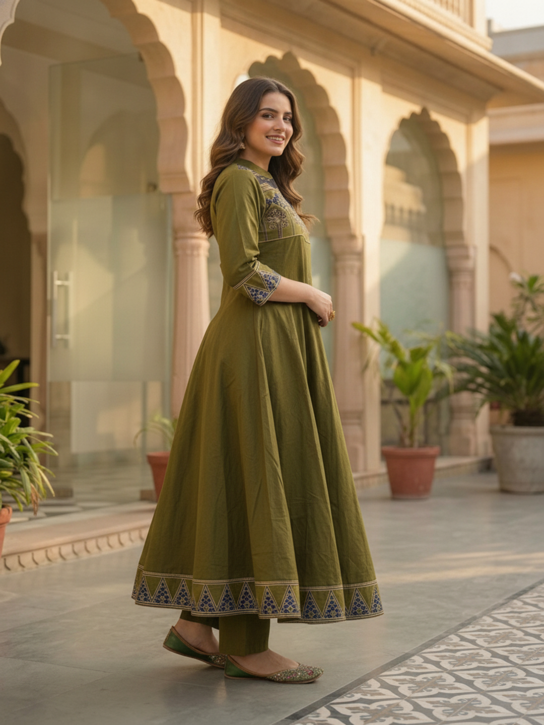 Lime Green Ethnic Printed Embroidered Cotton Anarkali Kurta Set with Pant and Printed Dupatta