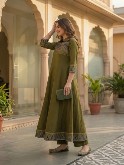 Lime Green Ethnic Printed Embroidered Cotton Anarkali Kurta Set with Pant and Printed Dupatta