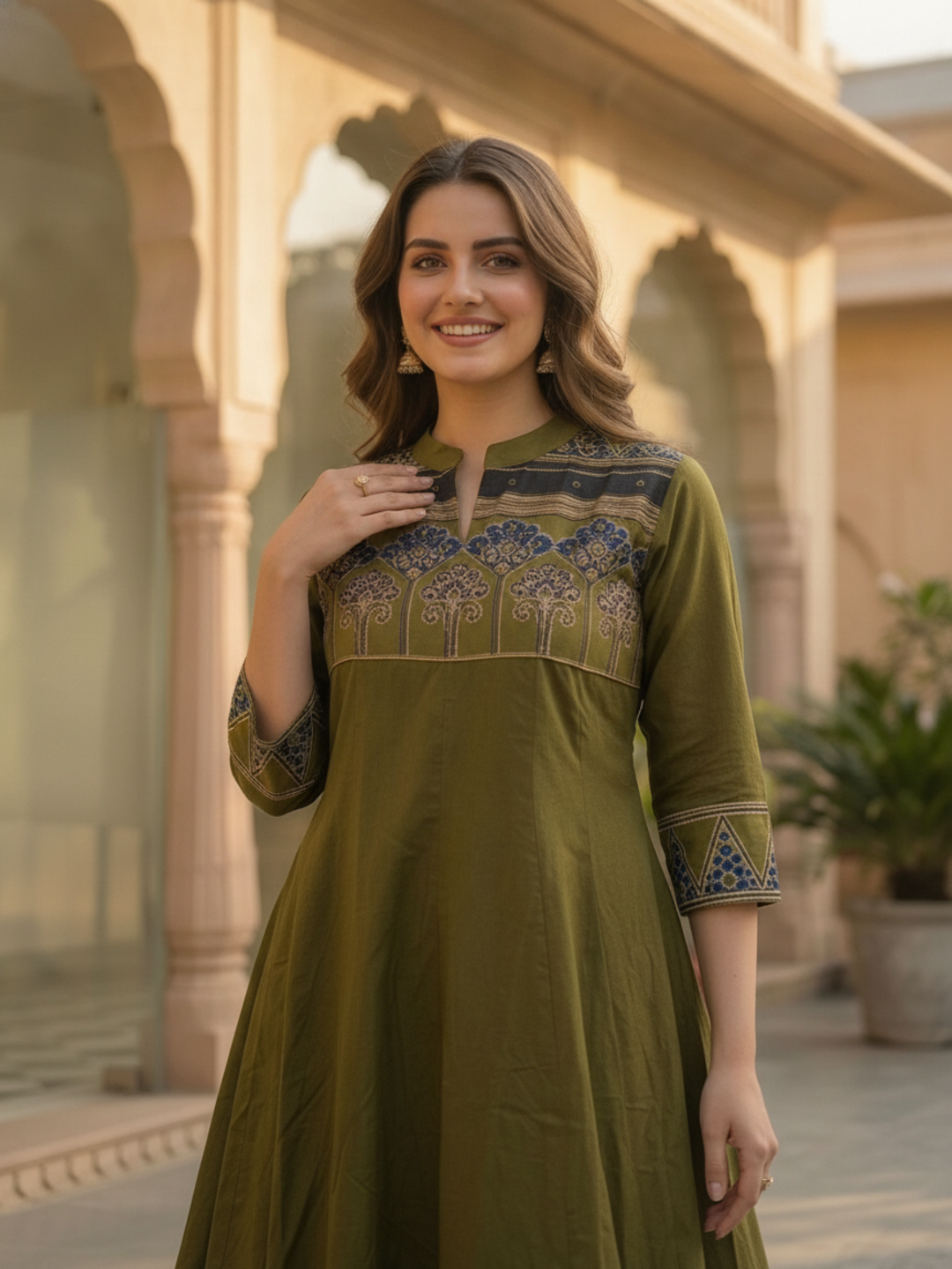 Lime Green Ethnic Printed Embroidered Cotton Anarkali Kurta Set with Pant and Printed Dupatta