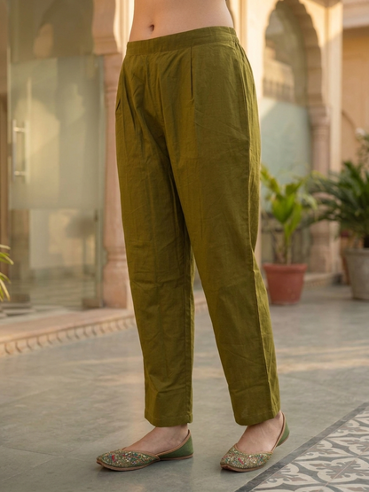 Lime Green Ethnic Printed Embroidered Cotton Anarkali Kurta Set with Pant and Printed Dupatta