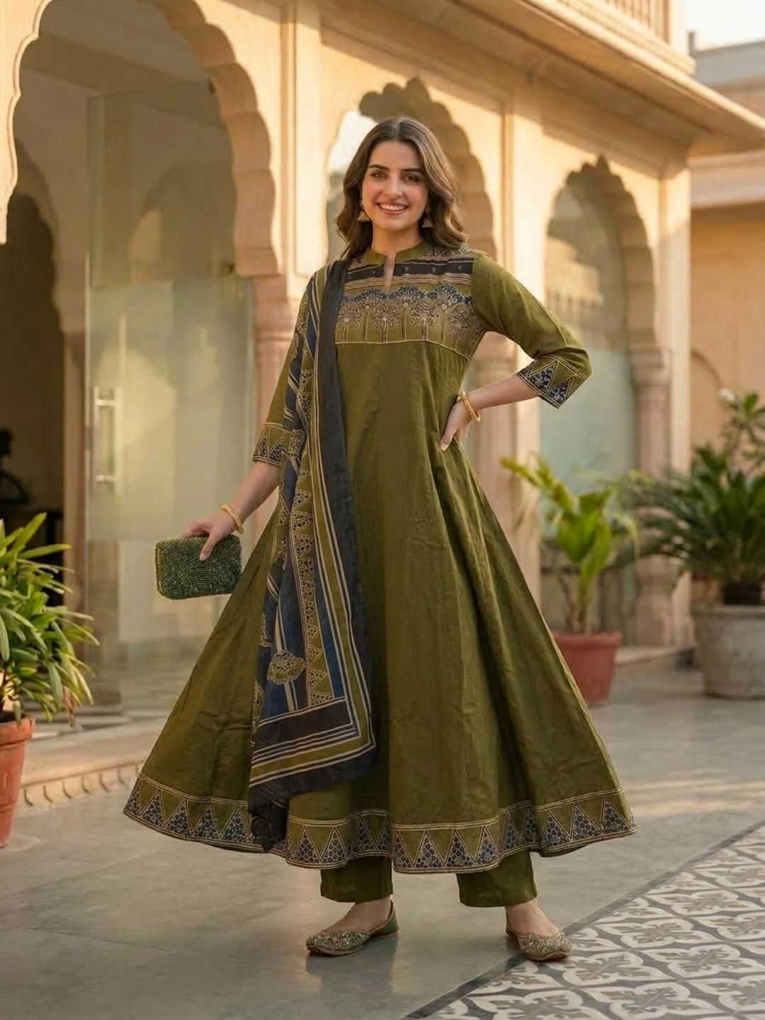 Lime Green Ethnic Printed Embroidered Cotton Anarkali Kurta Set with Pant and Printed Dupatta