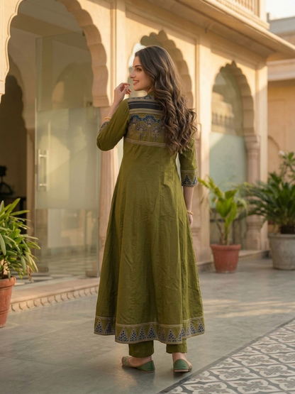 Lime Green Ethnic Printed Embroidered Cotton Anarkali Kurta Set with Pant and Printed Dupatta