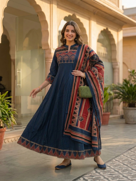 Navy Blue Ethnic Printed Embroidered Cotton Anarkali Kurta Set with Pant and Printed Dupatta