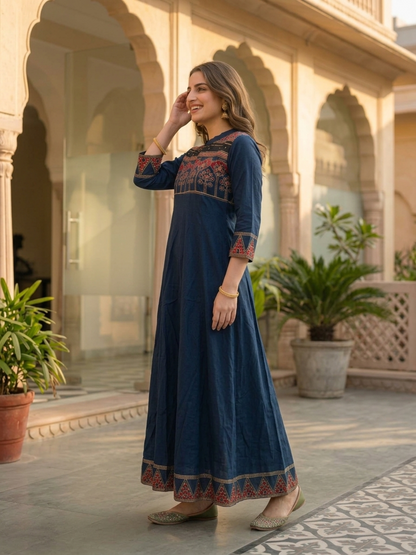 Navy Blue Ethnic Printed Embroidered Cotton Anarkali Kurta Set with Pant and Printed Dupatta