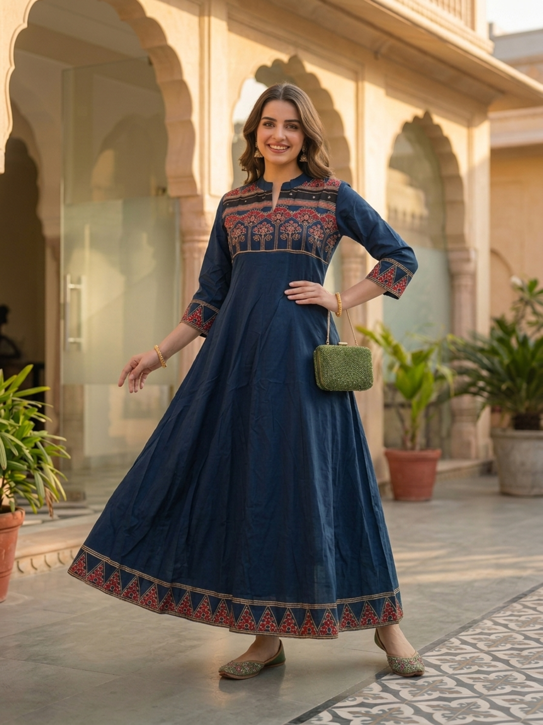 Navy Blue Ethnic Printed Embroidered Cotton Anarkali Kurta Set with Pant and Printed Dupatta