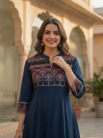 Navy Blue Ethnic Printed Embroidered Cotton Anarkali Kurta Set with Pant and Printed Dupatta