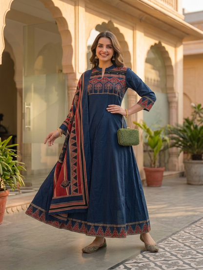 Navy Blue Ethnic Printed Embroidered Cotton Anarkali Kurta Set with Pant and Printed Dupatta