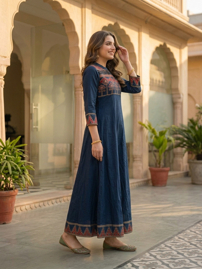 Navy Blue Ethnic Printed Embroidered Cotton Anarkali Kurta Set with Pant and Printed Dupatta