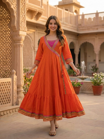 Orange Solid Ethnic Embroidered Cotton Anarkali Kurta Set with Pant and Pink Dupatta