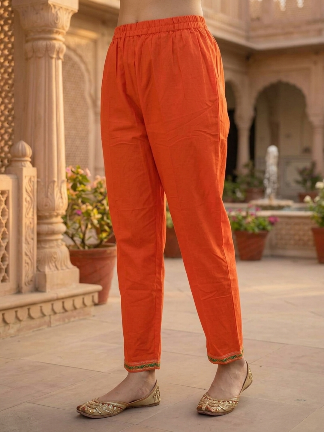 Orange Solid Ethnic Embroidered Cotton Anarkali Kurta Set with Pant and Pink Dupatta