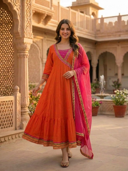 Orange Solid Ethnic Embroidered Cotton Anarkali Kurta Set with Pant and Pink Dupatta