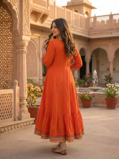 Orange Solid Ethnic Embroidered Cotton Anarkali Kurta Set with Pant and Pink Dupatta