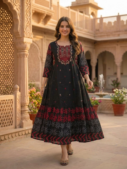 Black Ethnic Printed Thread-Embroidered Cotton A-Line Pleated Maxi Dress