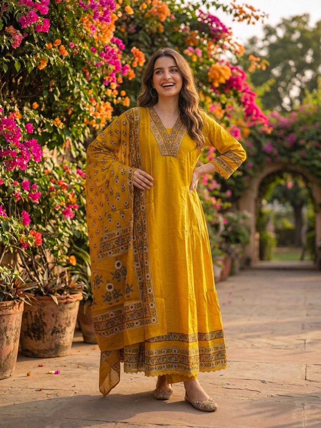 Mustard Yellow Solid Mirror Work Embroidered Cotton Anarkali Kurta Set with Palazzo and Printed Dupatta