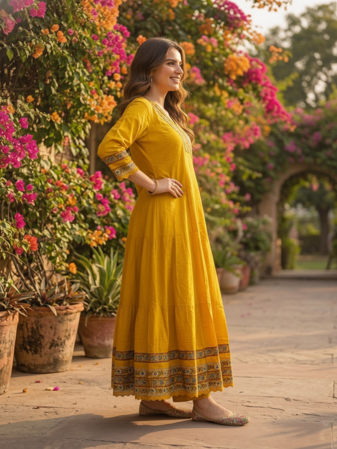 Mustard Yellow Solid Mirror Work Embroidered Cotton Anarkali Kurta Set with Palazzo and Printed Dupatta
