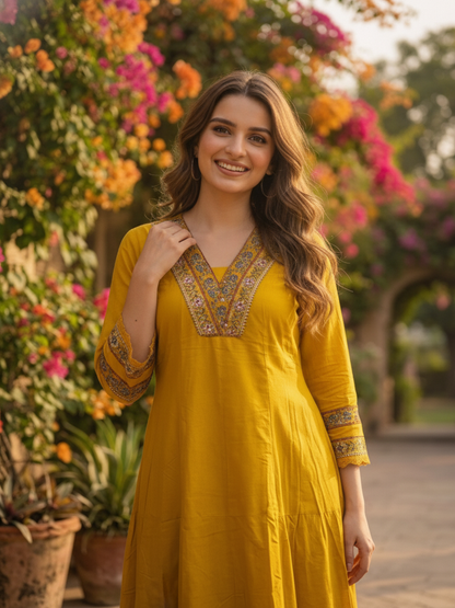 Mustard Yellow Solid Mirror Work Embroidered Cotton Anarkali Kurta Set with Palazzo and Printed Dupatta