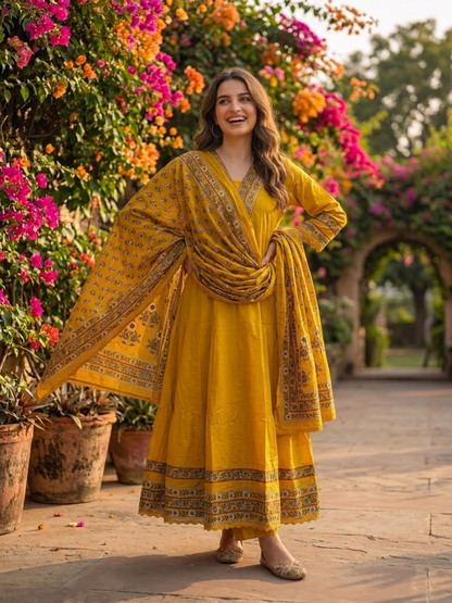Mustard Yellow Solid Mirror Work Embroidered Cotton Anarkali Kurta Set with Palazzo and Printed Dupatta