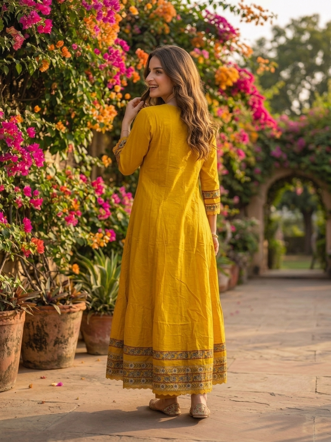 Mustard Yellow Solid Mirror Work Embroidered Cotton Anarkali Kurta Set with Palazzo and Printed Dupatta