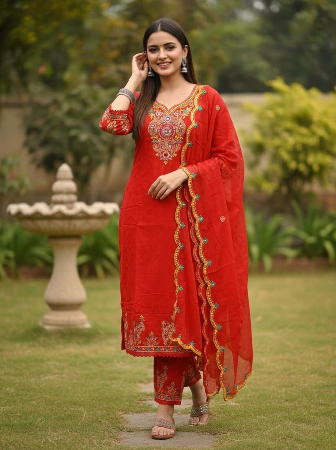 Rust Solid Floral Mirror Work Embroidered Cotton Straight Kurta Set with Salwar and Dupatta