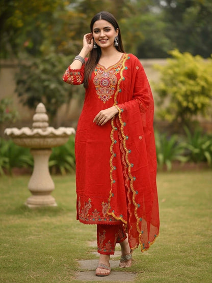 Rust Solid Floral Mirror Work Embroidered Cotton Straight Kurta Set with Salwar and Dupatta