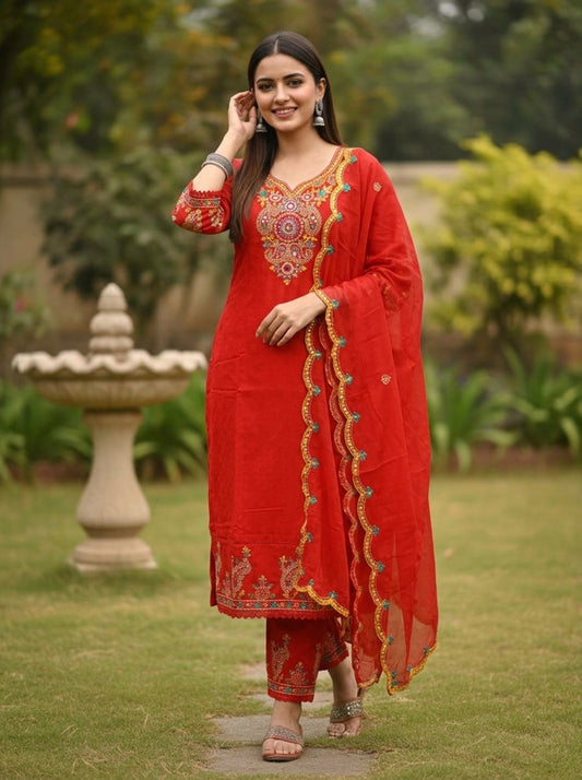 Rust Solid Floral Mirror Work Embroidered Cotton Straight Kurta Set with Salwar and Dupatta