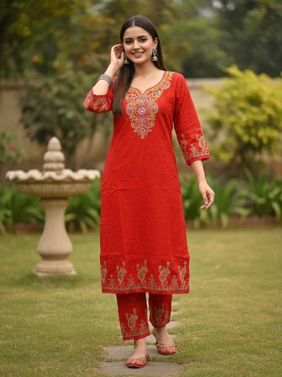 Rust Solid Floral Mirror Work Embroidered Cotton Straight Kurta Set with Salwar and Dupatta