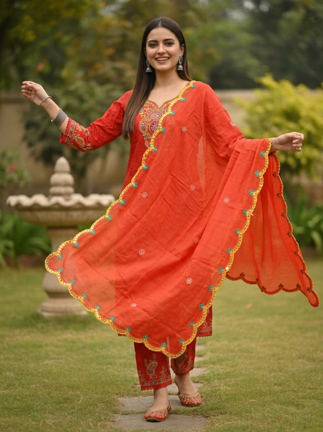 Rust Solid Floral Mirror Work Embroidered Cotton Straight Kurta Set with Salwar and Dupatta