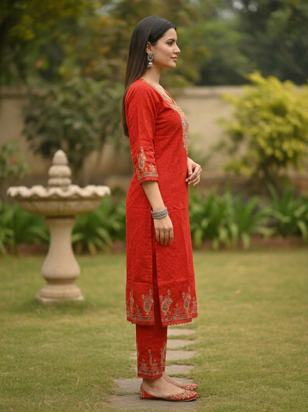 Rust Solid Floral Mirror Work Embroidered Cotton Straight Kurta Set with Salwar and Dupatta
