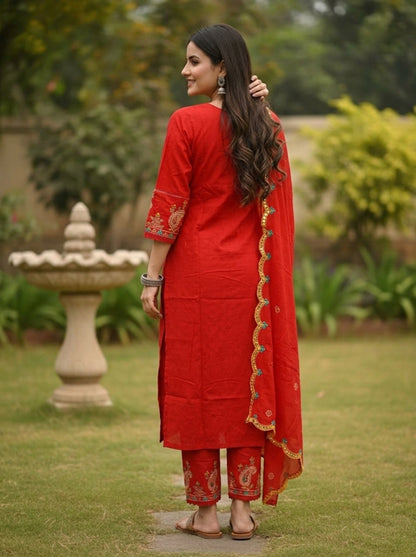 Rust Solid Floral Mirror Work Embroidered Cotton Straight Kurta Set with Salwar and Dupatta