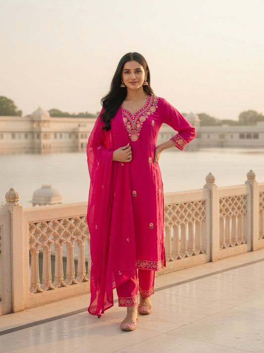 Hot Pink Solid Floral Embroidered Cotton Straight Kurta Set with Palazzo and Dupatta