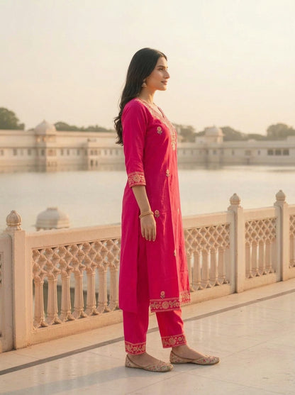 Hot Pink Solid Floral Embroidered Cotton Straight Kurta Set with Palazzo and Dupatta