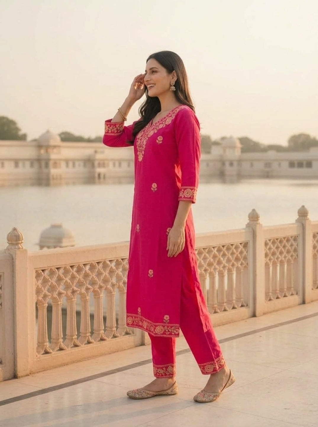 Hot Pink Solid Floral Embroidered Cotton Straight Kurta Set with Palazzo and Dupatta