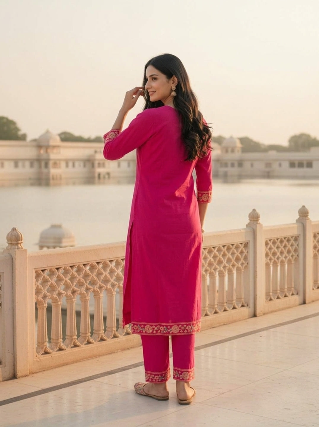 Hot Pink Solid Floral Embroidered Cotton Straight Kurta Set with Palazzo and Dupatta