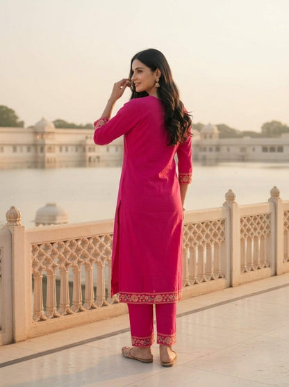 Hot Pink Solid Floral Embroidered Cotton Straight Kurta Set with Palazzo and Dupatta
