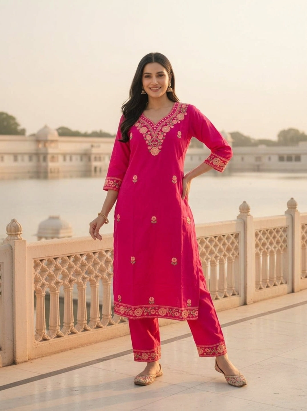 Hot Pink Solid Floral Embroidered Cotton Straight Kurta Set with Palazzo and Dupatta