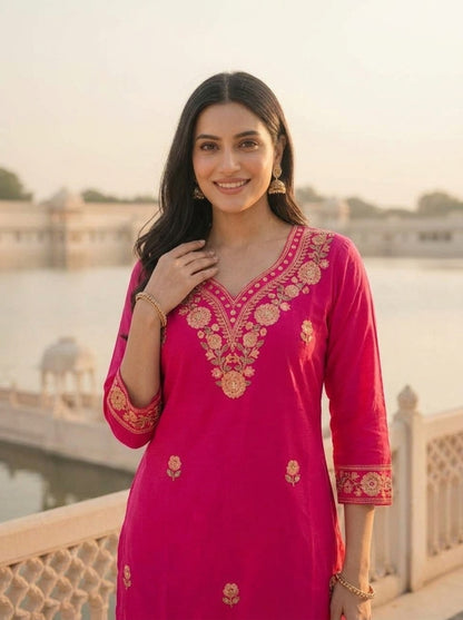 Hot Pink Solid Floral Embroidered Cotton Straight Kurta Set with Palazzo and Dupatta