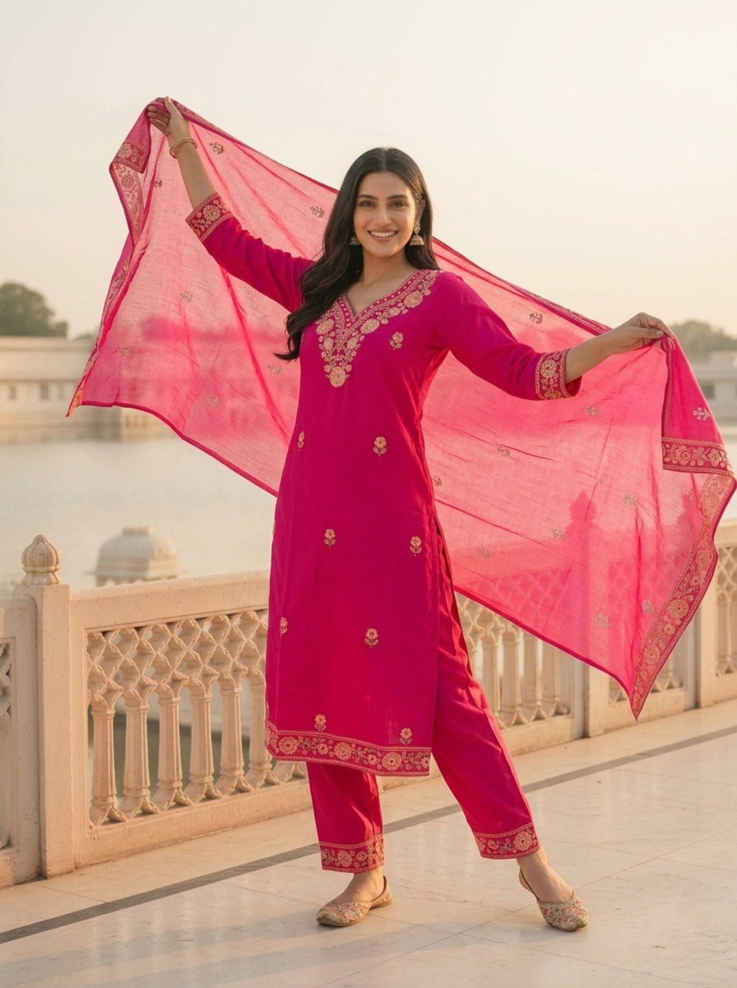 Hot Pink Solid Floral Embroidered Cotton Straight Kurta Set with Palazzo and Dupatta