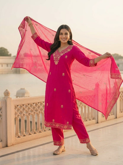Hot Pink Solid Floral Embroidered Cotton Straight Kurta Set with Palazzo and Dupatta