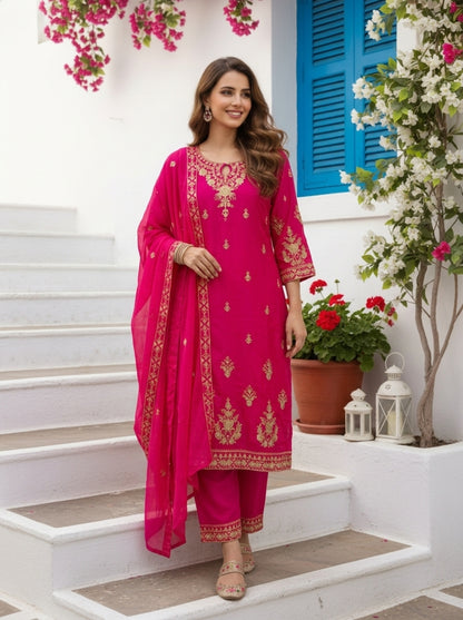 Raani Pink Solid Floral Hand-Embroidered Georgette Straight Kurta Set with Salwar and Dupatta