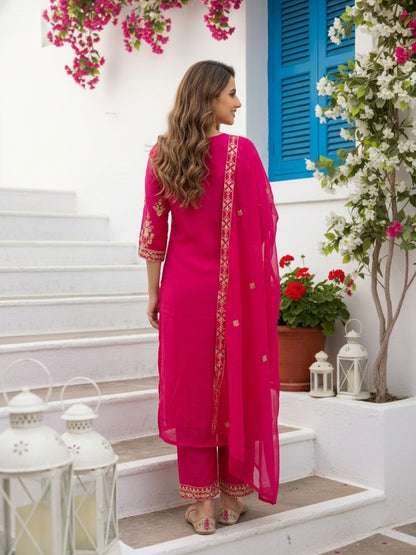 Raani Pink Solid Floral Hand-Embroidered Georgette Straight Kurta Set with Salwar and Dupatta