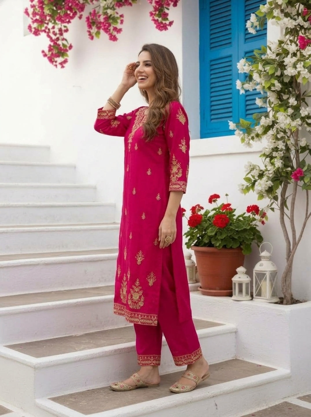 Raani Pink Solid Floral Hand-Embroidered Georgette Straight Kurta Set with Salwar and Dupatta