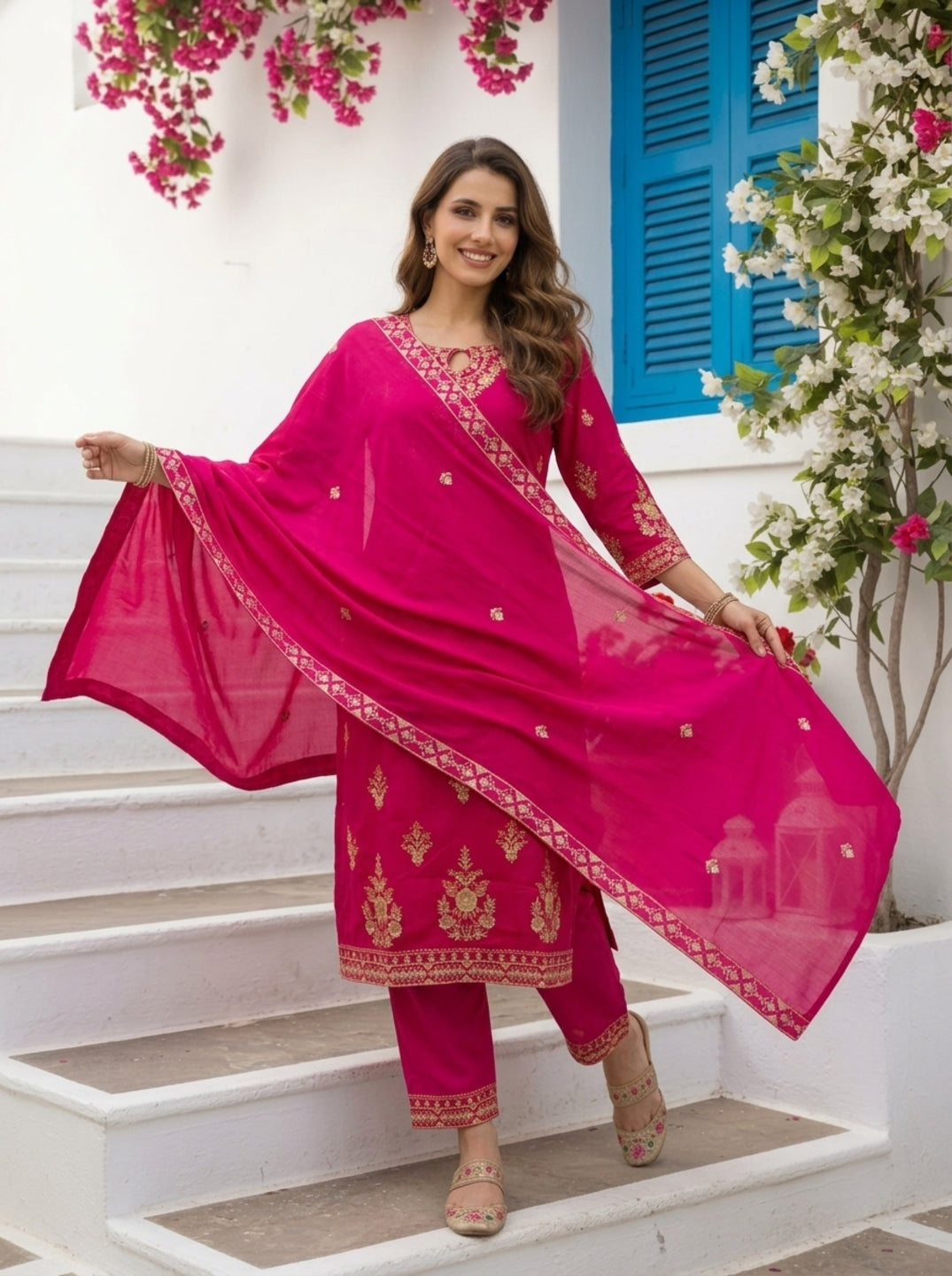Raani Pink Solid Floral Hand-Embroidered Georgette Straight Kurta Set with Salwar and Dupatta