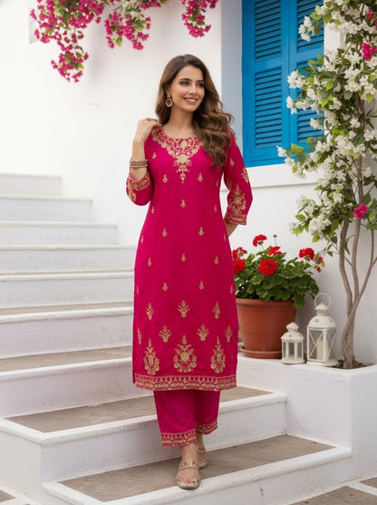 Raani Pink Solid Floral Hand-Embroidered Georgette Straight Kurta Set with Salwar and Dupatta