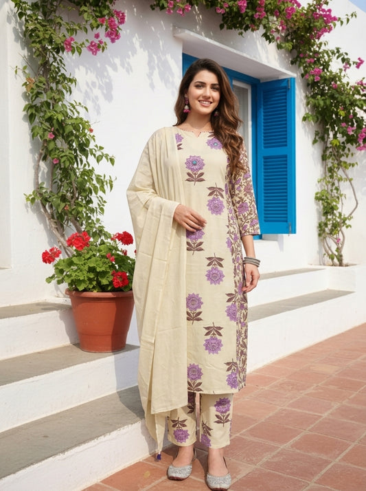 Lilac Floral Ethnic Printed Cotton A-Line Paneled Kurta Set with Palazzo and Dupatta