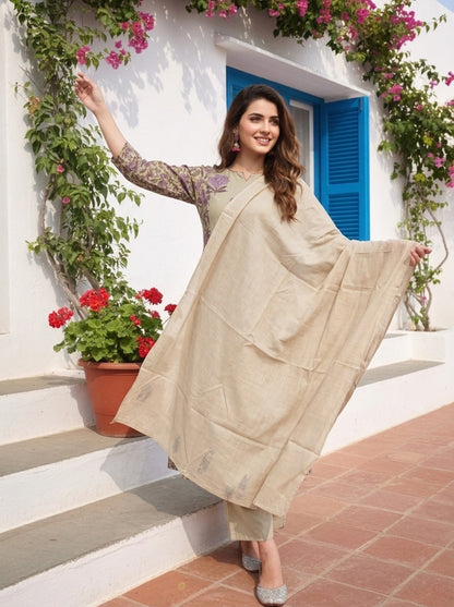 Lilac Floral Ethnic Printed Cotton A-Line Paneled Kurta Set with Palazzo and Dupatta