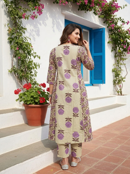 Lilac Floral Ethnic Printed Cotton A-Line Paneled Kurta Set with Palazzo and Dupatta