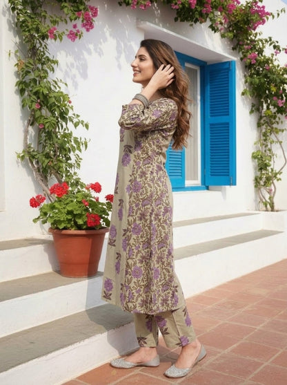 Lilac Floral Ethnic Printed Cotton A-Line Paneled Kurta Set with Palazzo and Dupatta