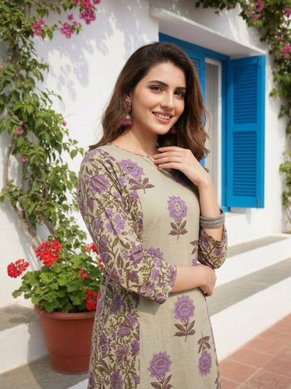 Lilac Floral Ethnic Printed Cotton A-Line Paneled Kurta Set with Palazzo and Dupatta