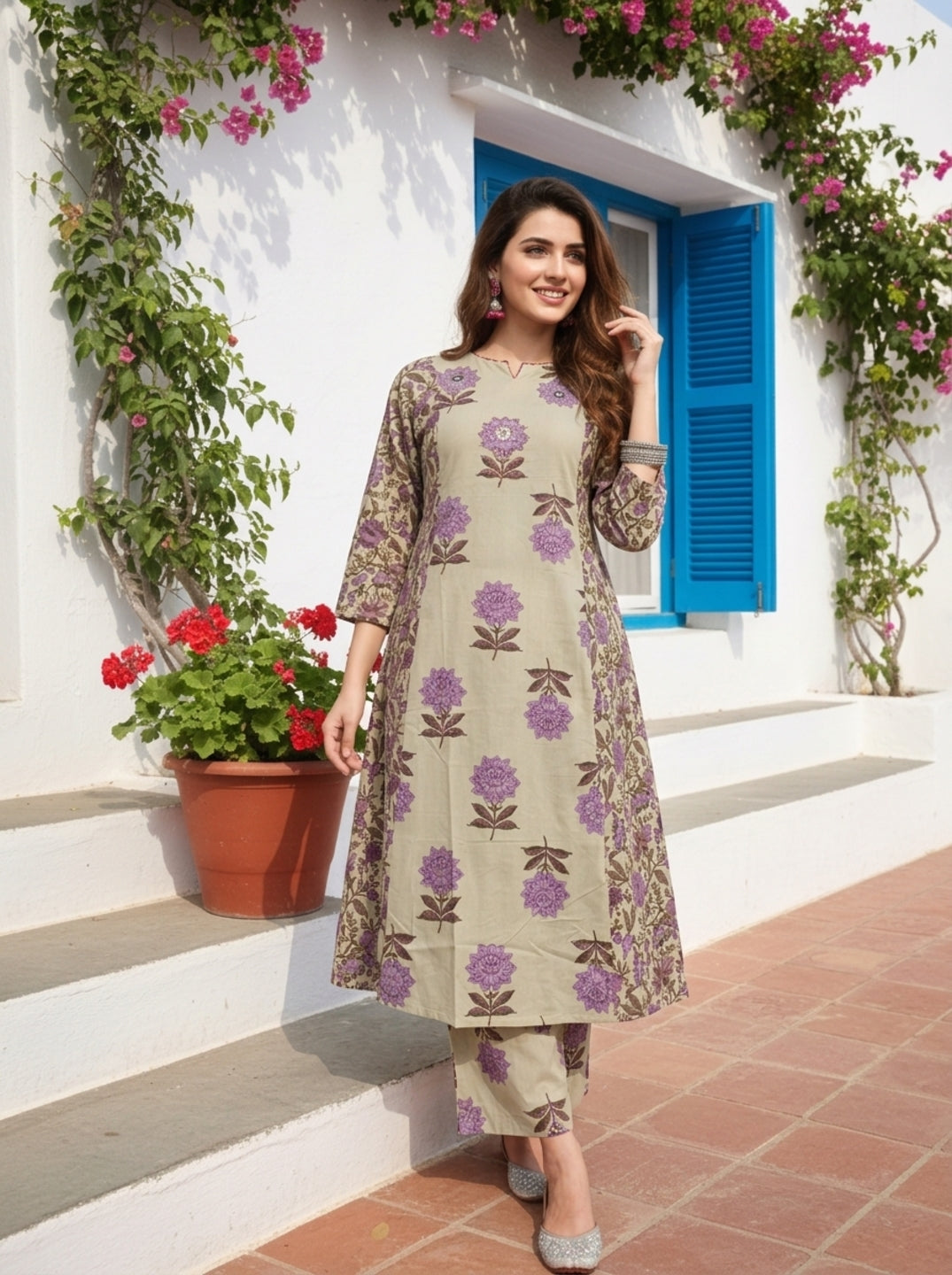 Lilac Floral Ethnic Printed Cotton A-Line Paneled Kurta Set with Palazzo and Dupatta