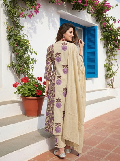 Lilac Floral Ethnic Printed Cotton A-Line Paneled Kurta Set with Palazzo and Dupatta